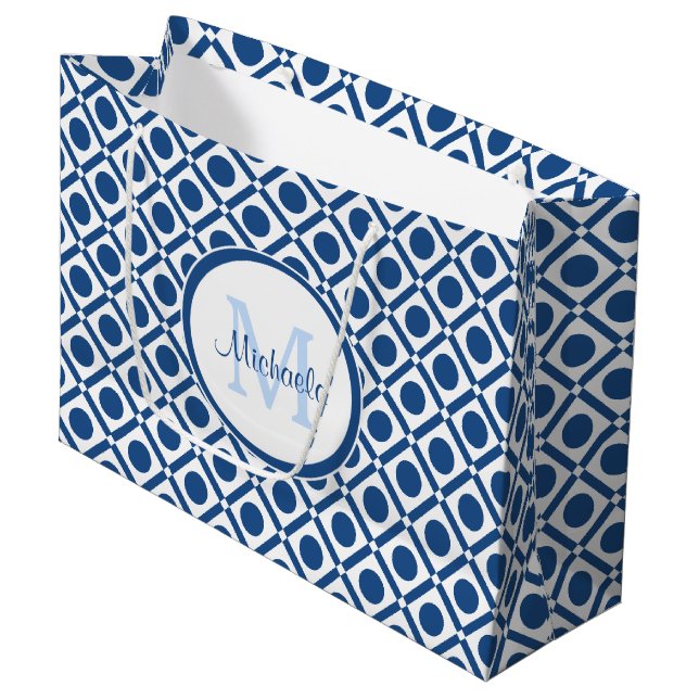 Grand Sac Cadeau Monogramme géométrique bleu et blanc moderne avec  (Devant Angle)