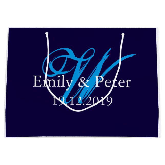 Grand Sac Cadeau Monogramme grand Mariage bleu marine personnalisé (Devant)