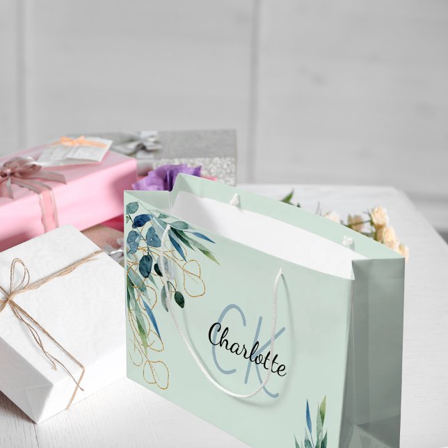 Grand Sac Cadeau Monogramme initiales de feuillage de verdure d'euc (Créateur téléchargé)