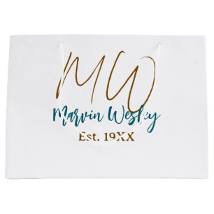 Grand Sac Cadeau Monogramme marron bleu turquoise année simple mini