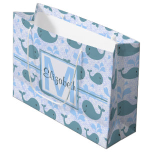 Grand Sac Cadeau Monogramme mignon de motif de baleines bleues
