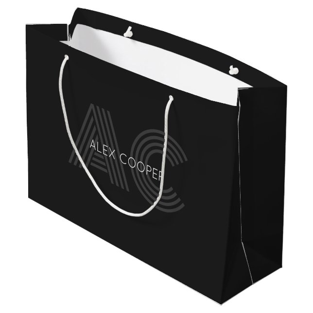 Grand Sac Cadeau Monogramme moderne noir et gris (Dos Angle)