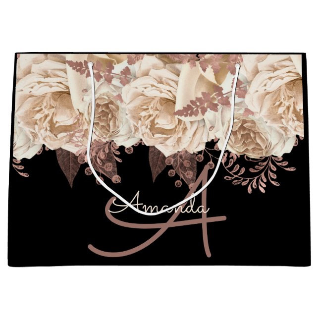 Grand Sac Cadeau Monogramme Nom de la nuptiale Faveur Mariage Roses (Devant)