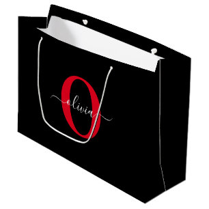 Grand Sac Cadeau Monogramme personnalisé Nom du script Noir Blanc R