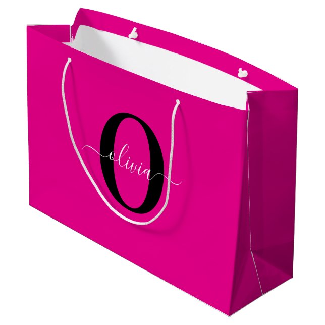 Grand Sac Cadeau Monogramme personnalisé Nom du script rose noir bl (Dos Angle)