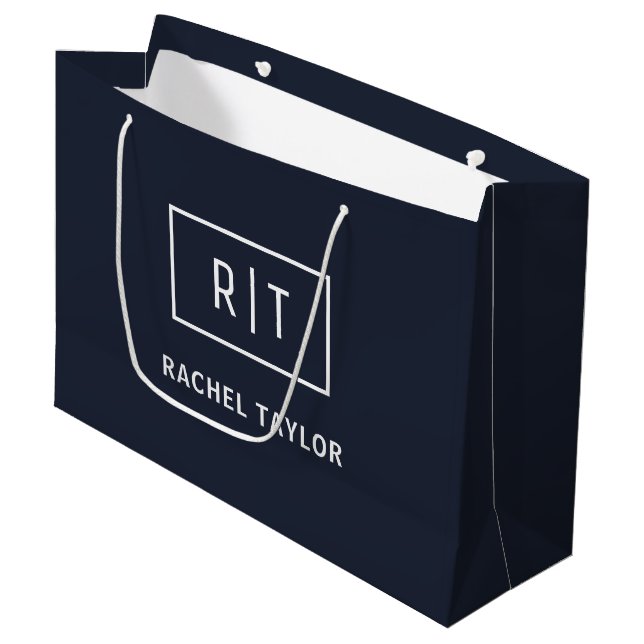 Grand Sac Cadeau Monogramme Professionnel Simple Bleu Nuit Blanc (Devant Angle)