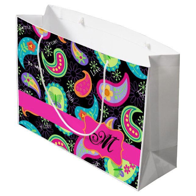 Grand Sac Cadeau Monogramme rose chaud noir Mood personnalisé Paisl (Dos Angle)