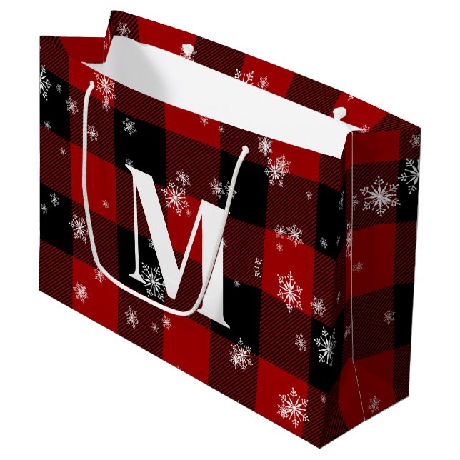 Grand Sac Cadeau Monogramme rouge Plaid & Snowflics Premier hiver (Devant Angle)