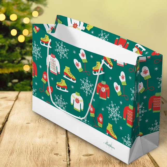 Grand Sac Cadeau Monogramme turquoise Feux de neige Motif Noël de f (Créateur téléchargé)