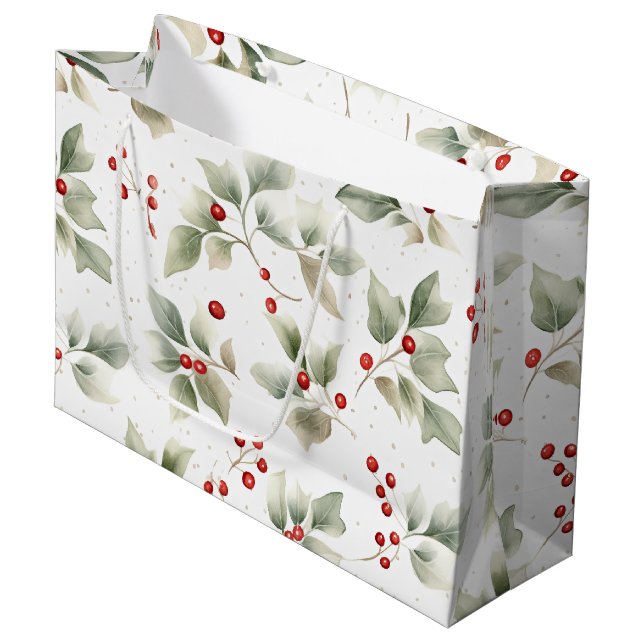 Grand Sac Cadeau Motif à l'aquarelle Holly et Berries (Devant Angle)