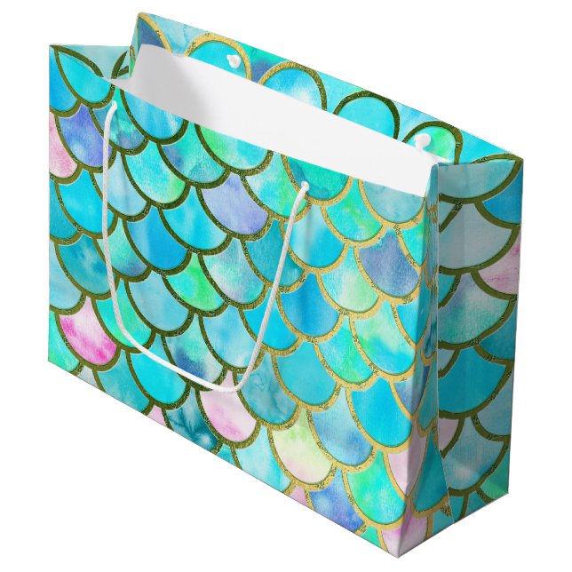 Grand Sac Cadeau Motif bleu turquoise d'échelles de sirène (Devant Angle)