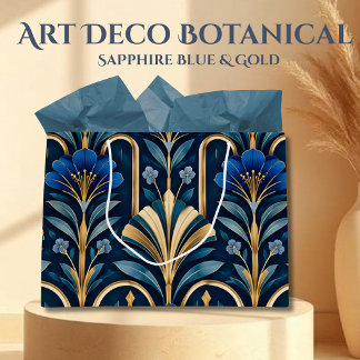 Grand Sac Cadeau Motif botanique Art Déco. Bleu saphir