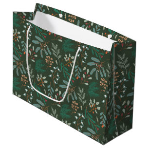 Grand Sac Cadeau Motif botanique d'hiver vert