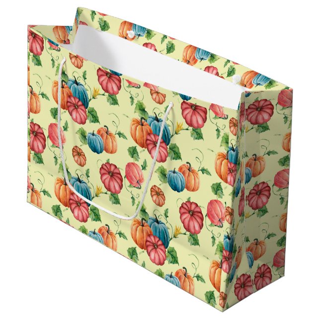 Grand Sac Cadeau Motif citrouille orange et bleu (Devant Angle)