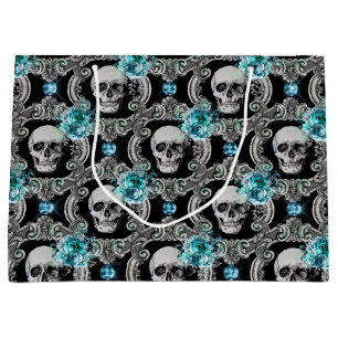 Grand Sac Cadeau Motif crâne bleu floral