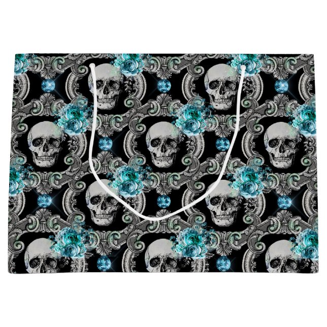 Grand Sac Cadeau Motif crâne bleu floral (Devant)