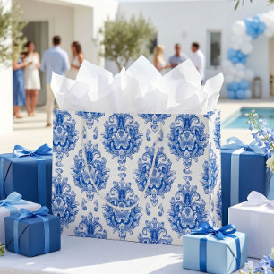 Grand Sac Cadeau Motif damassé méditerranéen bleu blanc élégant