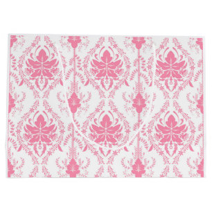 Grand Sac Cadeau motif damassé rose blanc