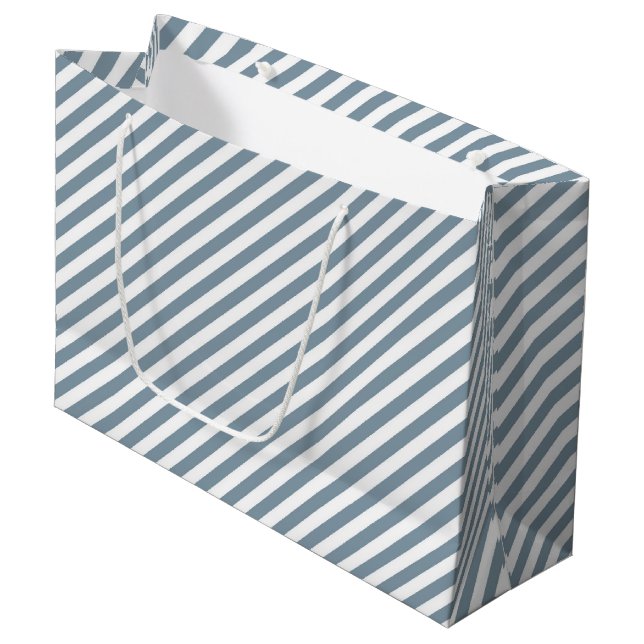 Grand Sac Cadeau Motif de bandes diagonales bleues et blanches (Devant Angle)
