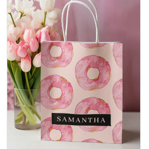 Grand Sac Cadeau Motif de beignets aquarelle rose moderne avec nom