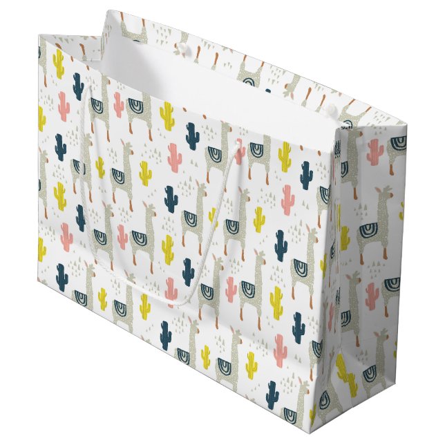 Grand Sac Cadeau Motif de cactus et de lamas (Devant Angle)