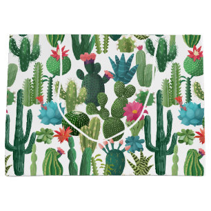 Grand Sac Cadeau Motif de cactus Turquoises verts en fleurs