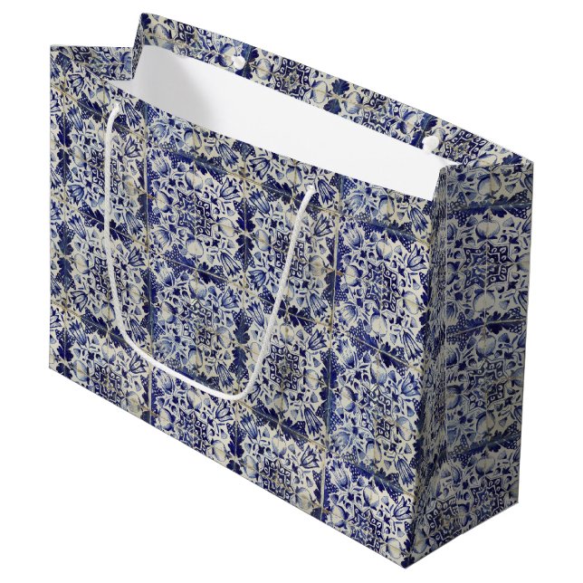 Grand Sac Cadeau Motif de carreaux blancs vintage géométrique (Devant Angle)