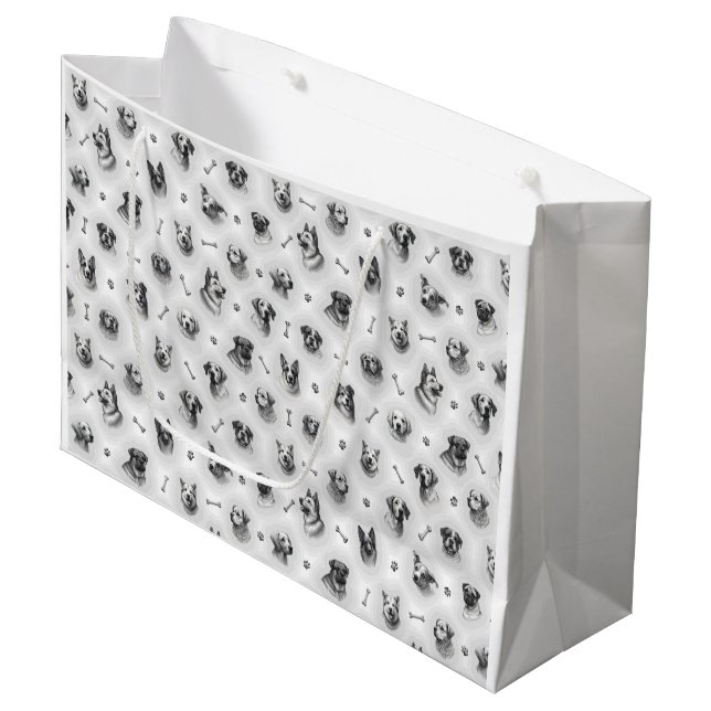Grand Sac Cadeau Motif de chien avec os et empreintes de pattes (Devant Angle)