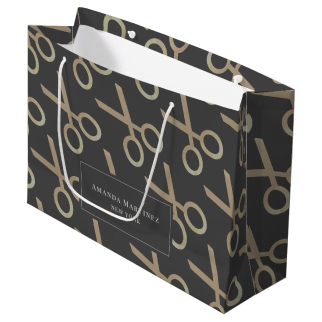 Grand Sac Cadeau Motif de ciseaux or gris foncé (Devant Angle)