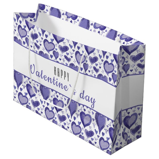 Grand Sac Cadeau Motif de coeur violet Bonne Saint Valentin  (Devant Angle)
