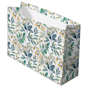 Grand Sac Cadeau Motif de feuille verte et jaune à l'aquarelle fraî