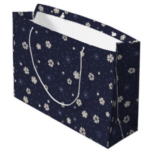 Grand Sac Cadeau Motif de fleurs japonaises blanches et bleues