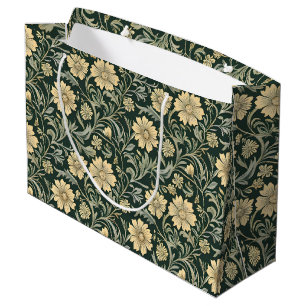 Grand Sac Cadeau Motif de fleurs jaunes stylisées vert foncé