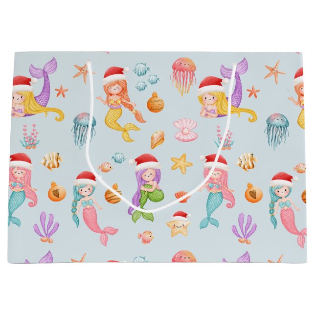 Grand Sac Cadeau Motif de Noël de Mermaid Père Noël (Devant)