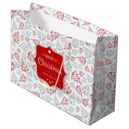 Grand Sac Cadeau Motif de Noël élégant rouge et argent