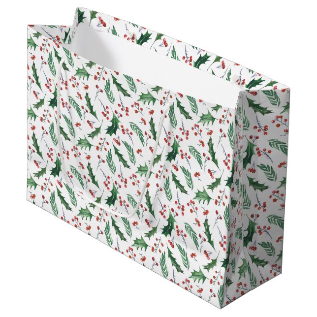 Grand Sac Cadeau Motif de Noël Holly Red Berry (Devant Angle)