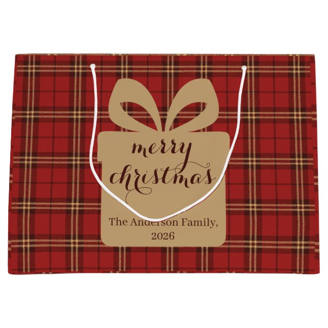 Grand Sac Cadeau Motif de Noël Rouge Plaid - (Devant)