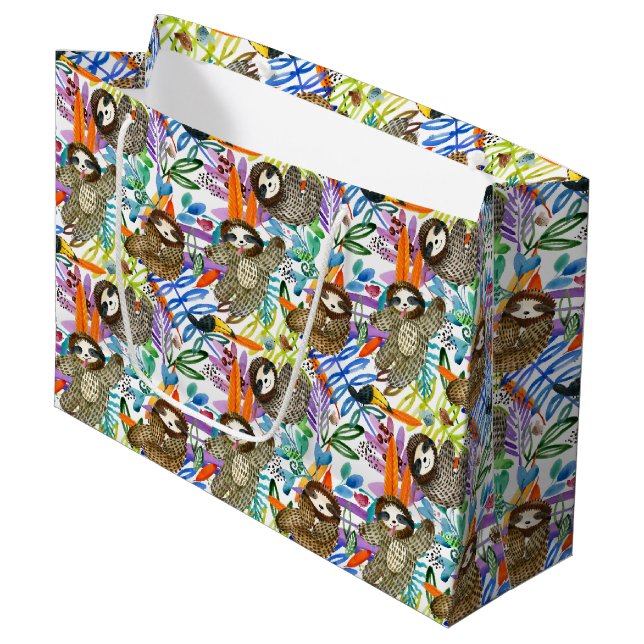 Grand Sac Cadeau Motif de paresse d'aquarelle de bande dessinée (Devant Angle)