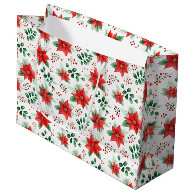 Grand Sac Cadeau Motif de style Aquarelle classique Rouge Poinsetti (Devant Angle)