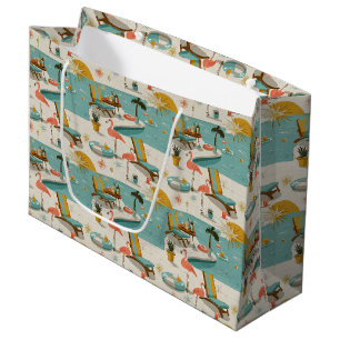 Grand Sac Cadeau Motif d'été au bord de la piscine aux flamants ros