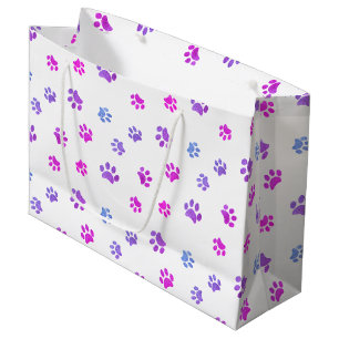 Grand Sac Cadeau Motif Empreintes de Patte Rose Violet Bleu