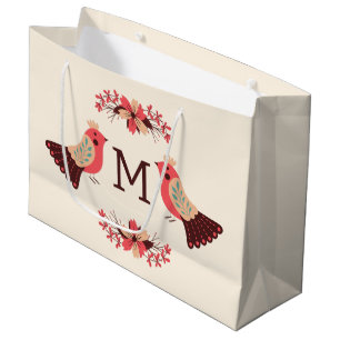 Grand Sac Cadeau Motif folklorique scandinave avec oiseaux et fleur
