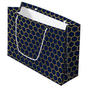 Grand Sac Cadeau Motif géométrique marine bleu et or Hexagon