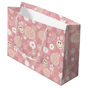 Grand Sac Cadeau Motif hippie Super rose rétro À damiers