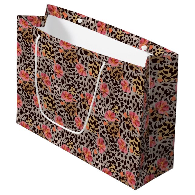 Grand Sac Cadeau Motif imprimé léopard élégant avec fleurs roses (Devant Angle)