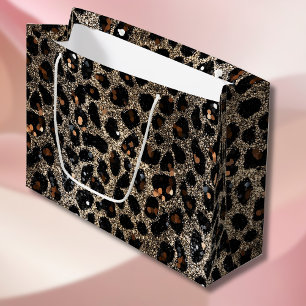 Grand Sac Cadeau Motif Léopard Brun Noir Or Paillettes Luxe