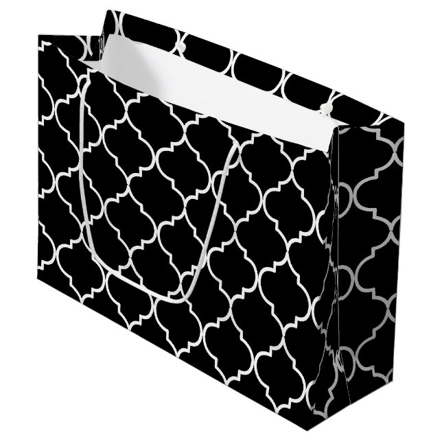 Grand Sac Cadeau Motif marocain méditerranéen noir et blanc (Devant Angle)