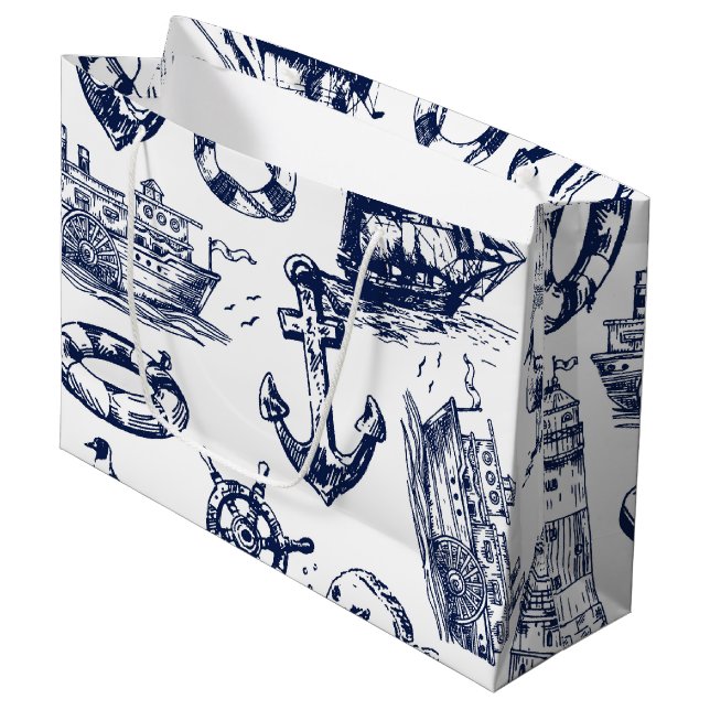 Grand Sac Cadeau Motif nautique (Devant Angle)