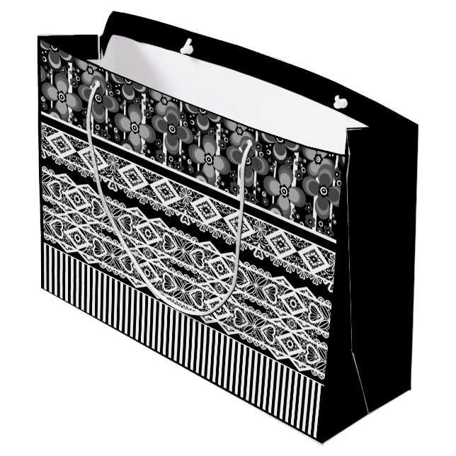 Grand Sac Cadeau Motif noir et blanc avec dentelle et patchwork (Dos Angle)