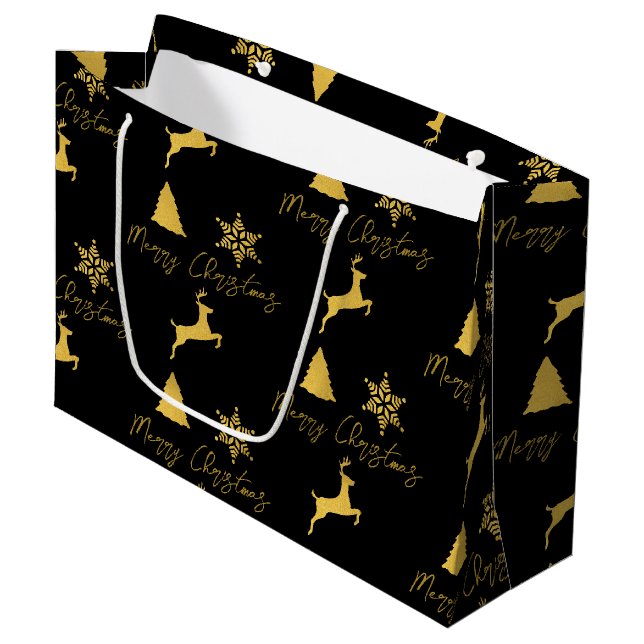 Grand Sac Cadeau Motif Noir & Or Noël (Devant Angle)